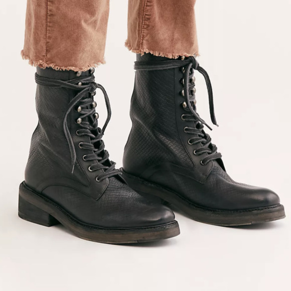 Free People Shoes - Free People Santa Fe Combat Moto Boot-Women 39-Black Distressed Leather Embossed